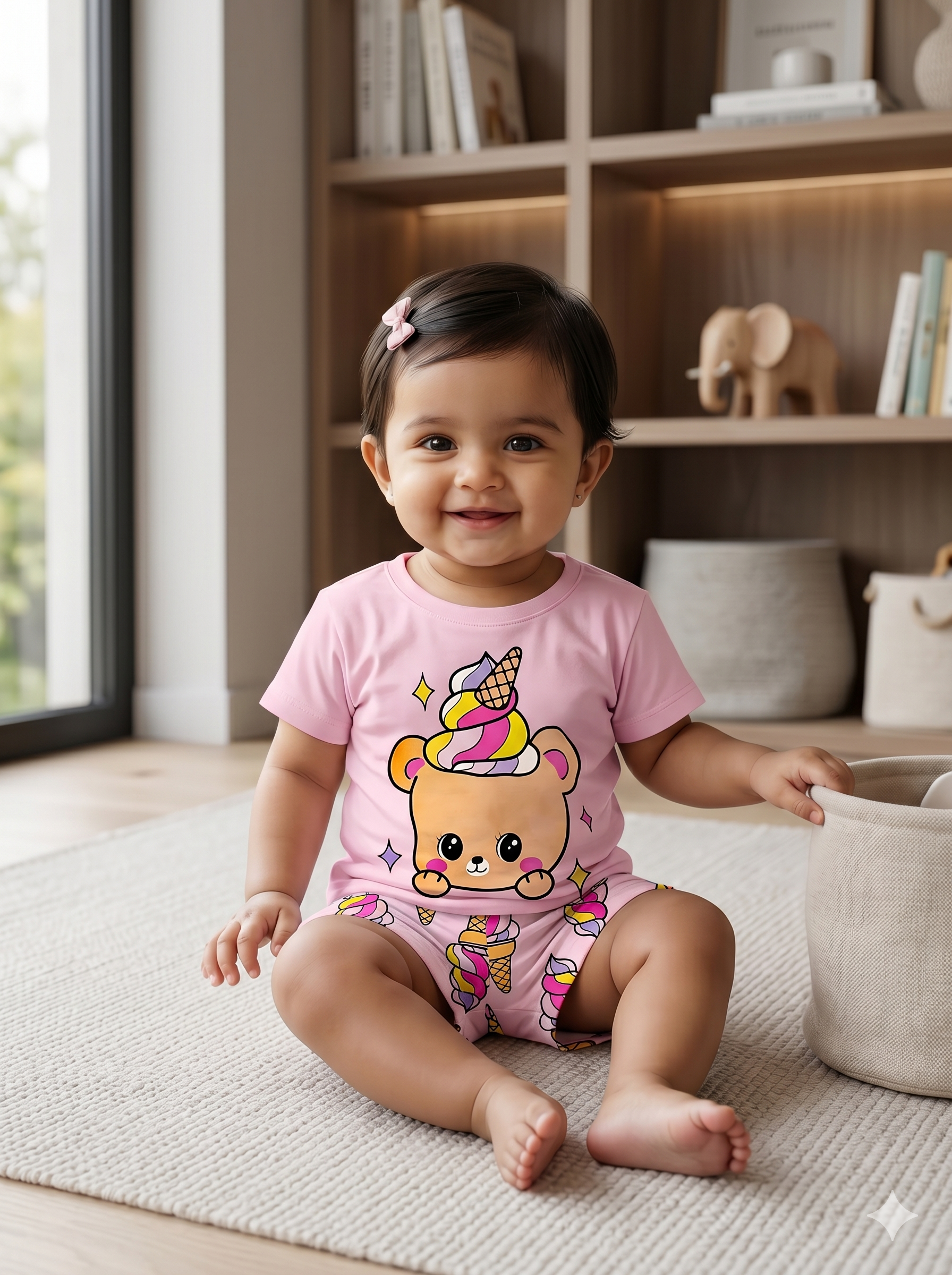 AMIONE Hosiery Cotton Stylish Icecream Bear Top tshirt and Shorts Set Dress for Baby Girls