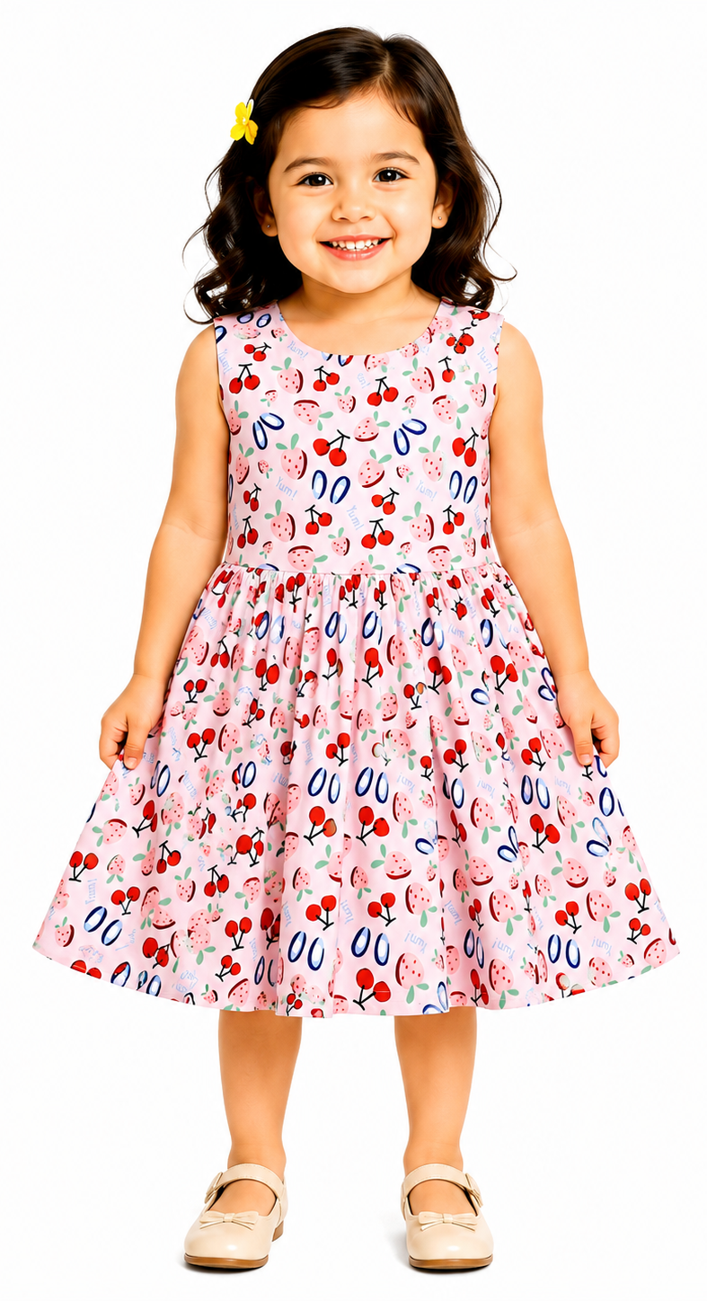 AMIONE Cotton Elegant Fancy Cherry Strawberry Printed Design Summer Party Dress Frock for Baby Girls