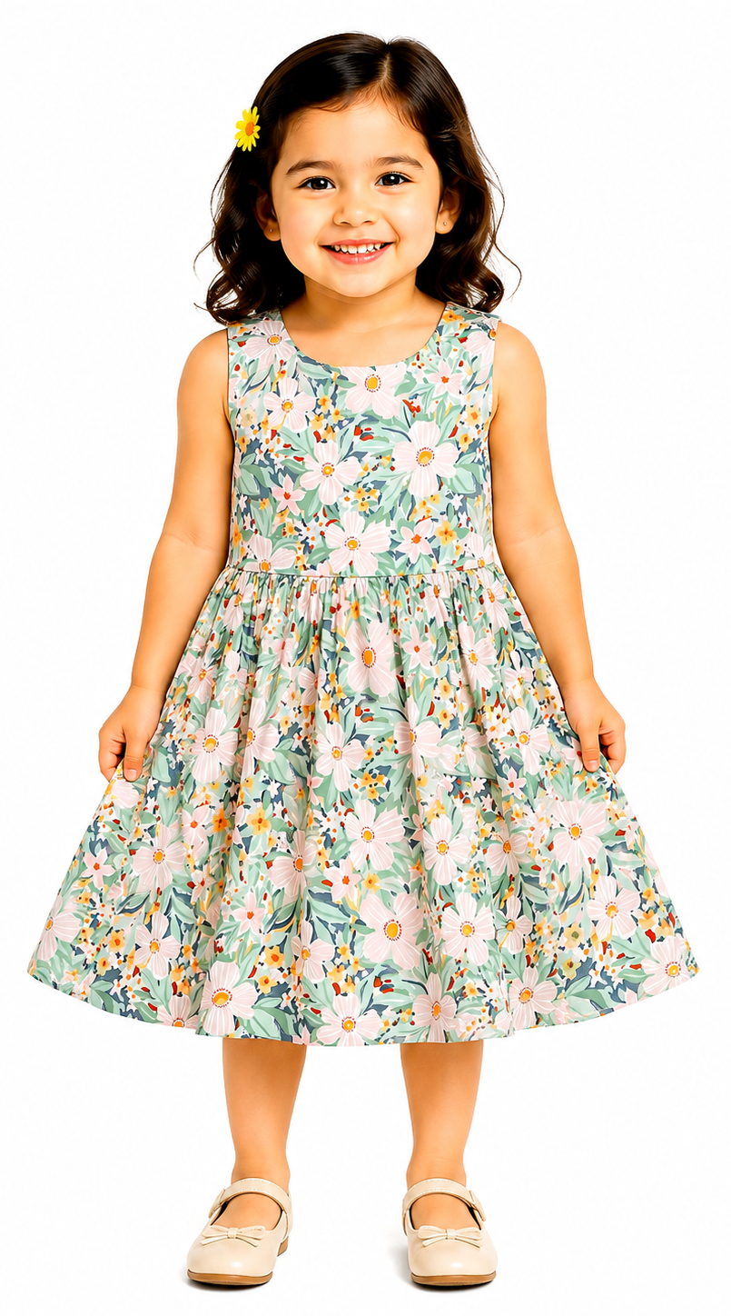 AMIONE Cotton Elegant Fancy Yellow Flowers Green Printed Design Summer Party Dress Frock for Baby Girls