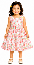 AMIONE Cotton Elegant Fancy Yellow Red Flowers Printed Design Summer Party Dress Frock for Baby Girls