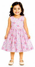 AMIONE Cotton Elegant Fancy Round Flowers on Pink Printed Design Summer Party Dress Frock for Baby Girls