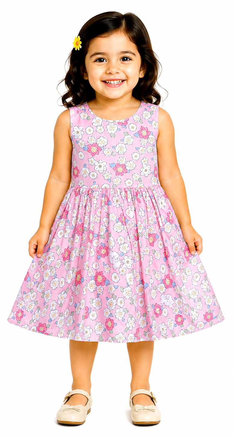 AMIONE Cotton Elegant Fancy Round Flowers on Pink Printed Design Summer Party Dress Frock for Baby Girls