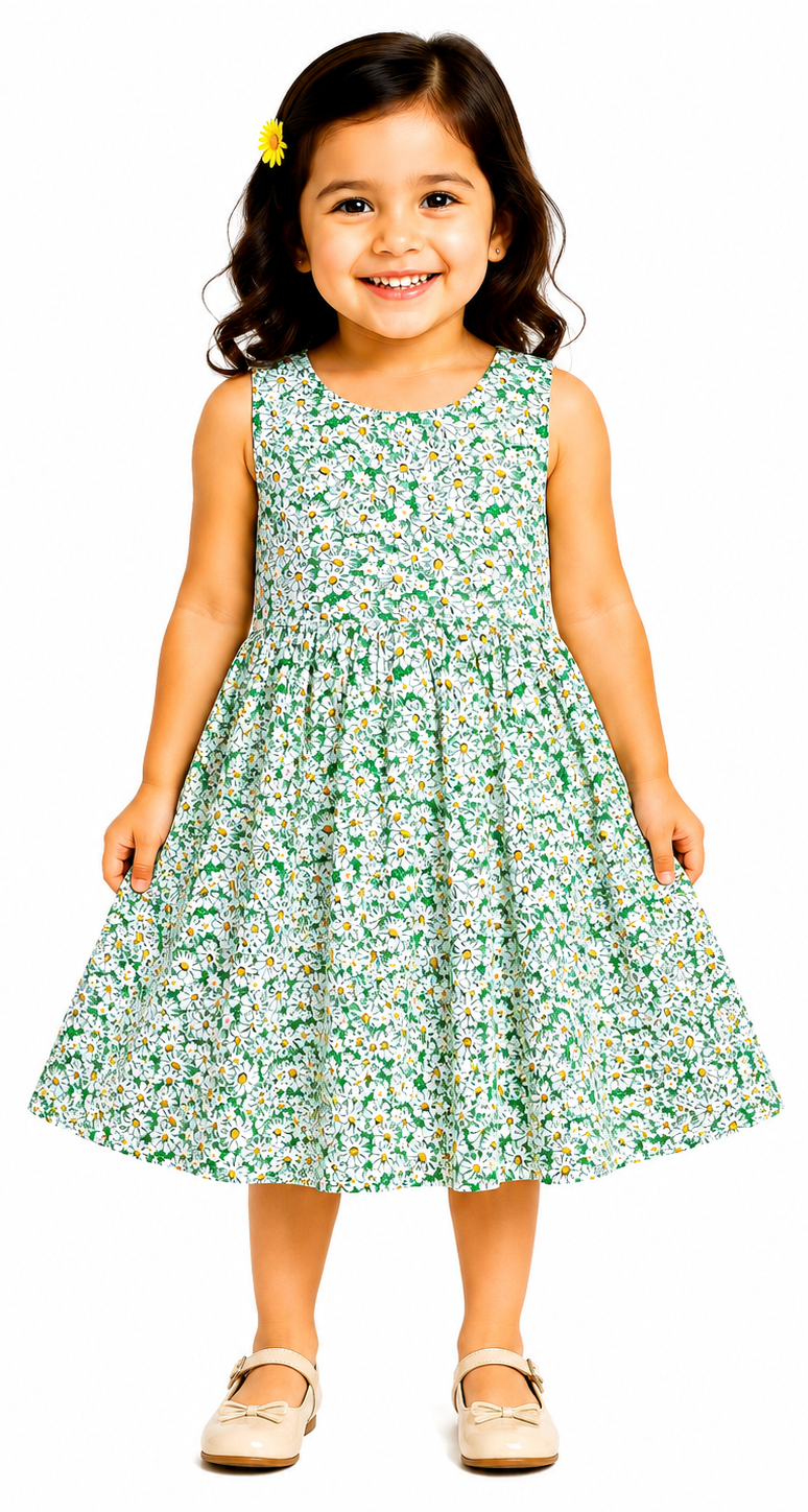 AMIONE Cotton Elegant Fancy White Flowers Green Printed Design Summer Party Dress Frock for Baby Girls