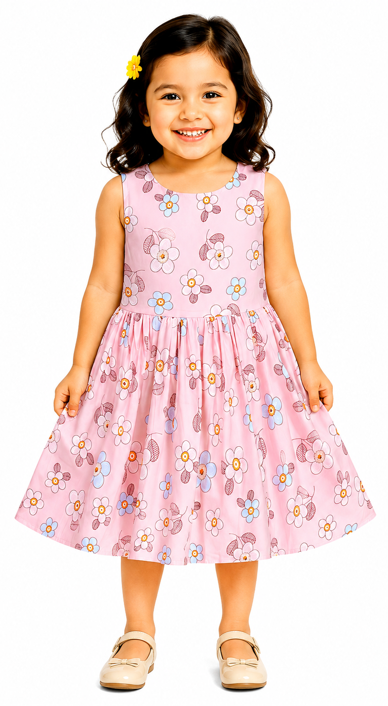 AMIONE Cotton Elegant Fancy Blue White Flowers Pink Printed Design Summer Party Dress Frock for Baby Girls