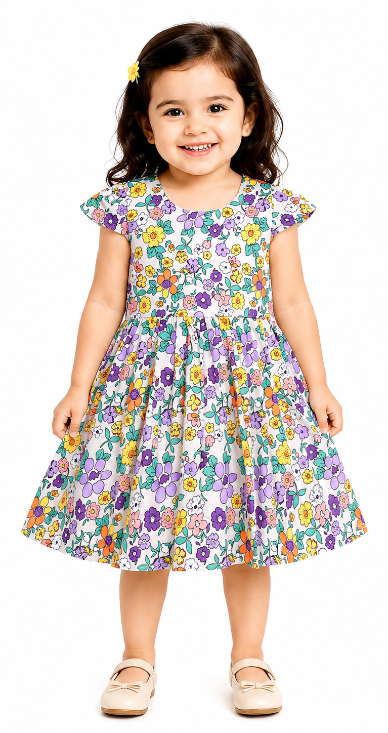 AMIONE Cotton Elegant Fancy Purple Yellow Flowers Printed Design Summer Party Dress Frock for Baby Girls