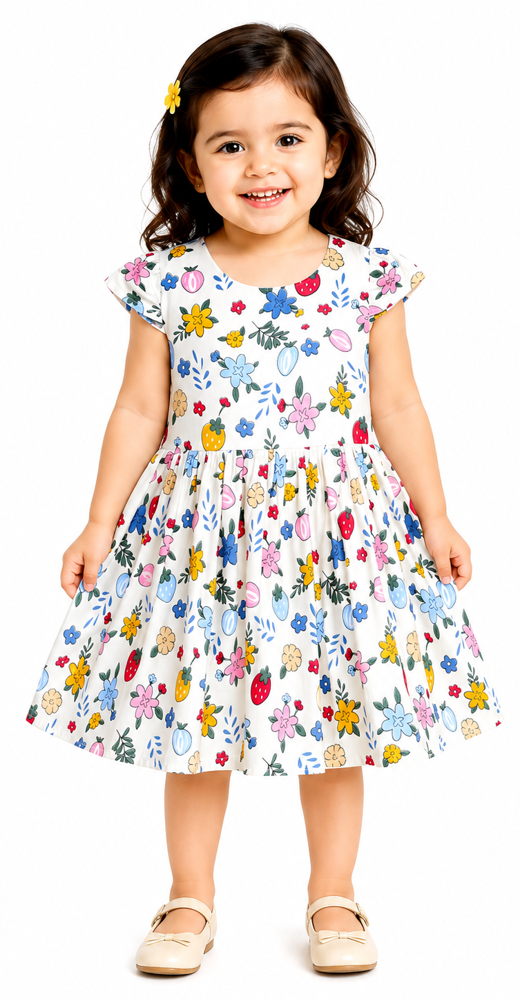 AMIONE Cotton Elegant Fancy Fruits & Flowers Printed Design Summer Party Dress Frock for Baby Girls