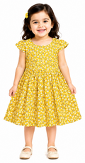 AMIONE Cotton Elegant Fancy White Flowers Yellow Printed Design Summer Party Dress Frock for Baby Girls