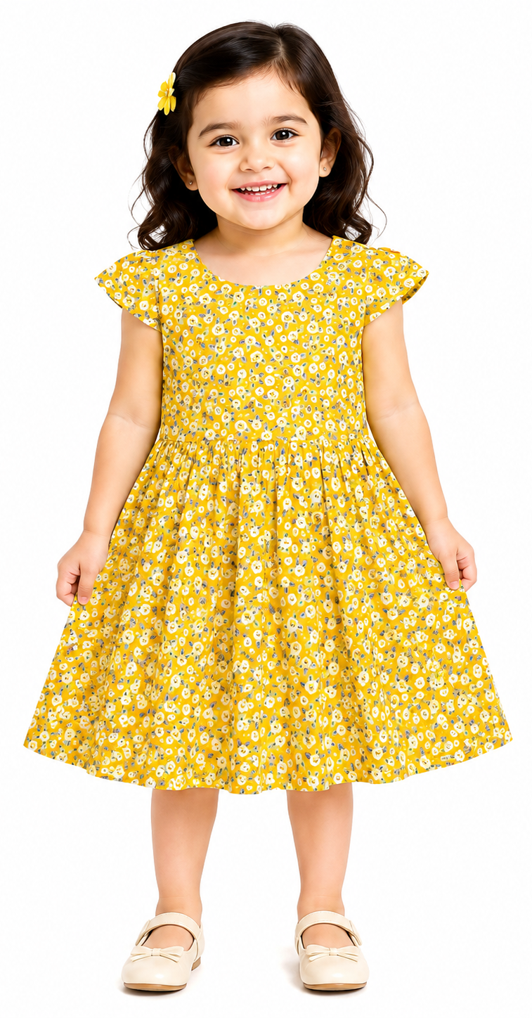 AMIONE Cotton Elegant Fancy White Flowers Yellow Printed Design Summer Party Dress Frock for Baby Girls