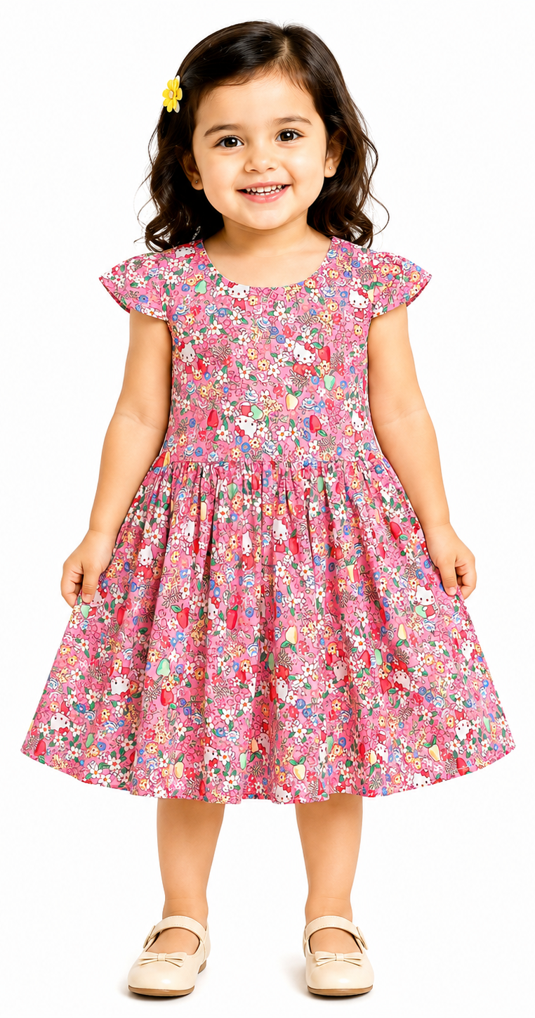 AMIONE Cotton Elegant Fancy Hello Kitty Flowers Printed Design Summer Party Dress Frock for Baby Girls