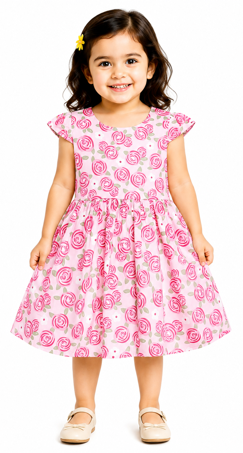 AMIONE Cotton Elegant Fancy Red Rose Printed Design Summer Party Dress Frock for Baby Girls