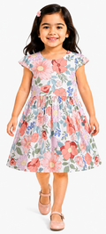 AMIONE Cotton Elegant Fancy Large Flowers on White Printed Design Summer Party Dress Frock for Baby Girls