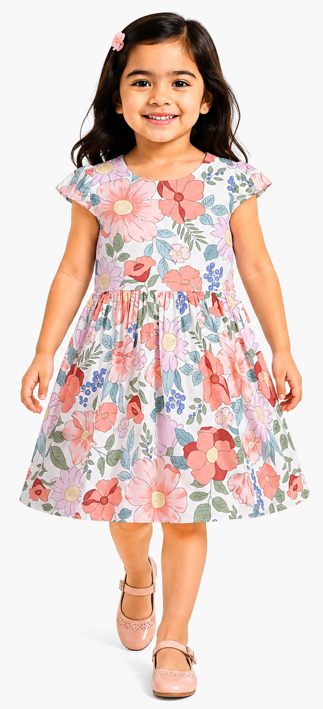 AMIONE Cotton Elegant Fancy Large Flowers on White Printed Design Summer Party Dress Frock for Baby Girls