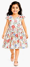 AMIONE Cotton Elegant Full Long Flowers Printed Design Summer Party Dress Frock for Baby Girls
