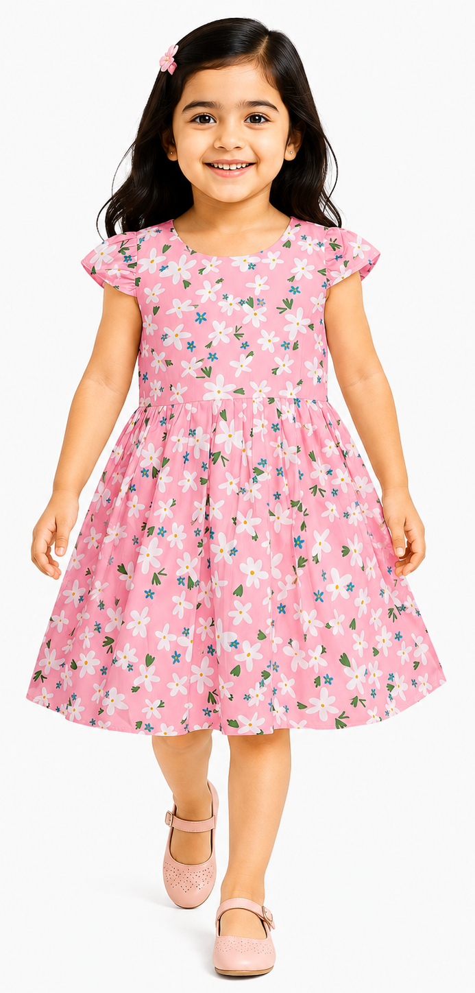 AMIONE Cotton Elegant Fancy Flowers Stars Printed Design Summer Party Dress Frock for Baby Girls