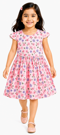 AMIONE Cotton Elegant Fancy Round Blue Flowers on Pink Printed Design Summer Party Dress Frock for Baby Girls