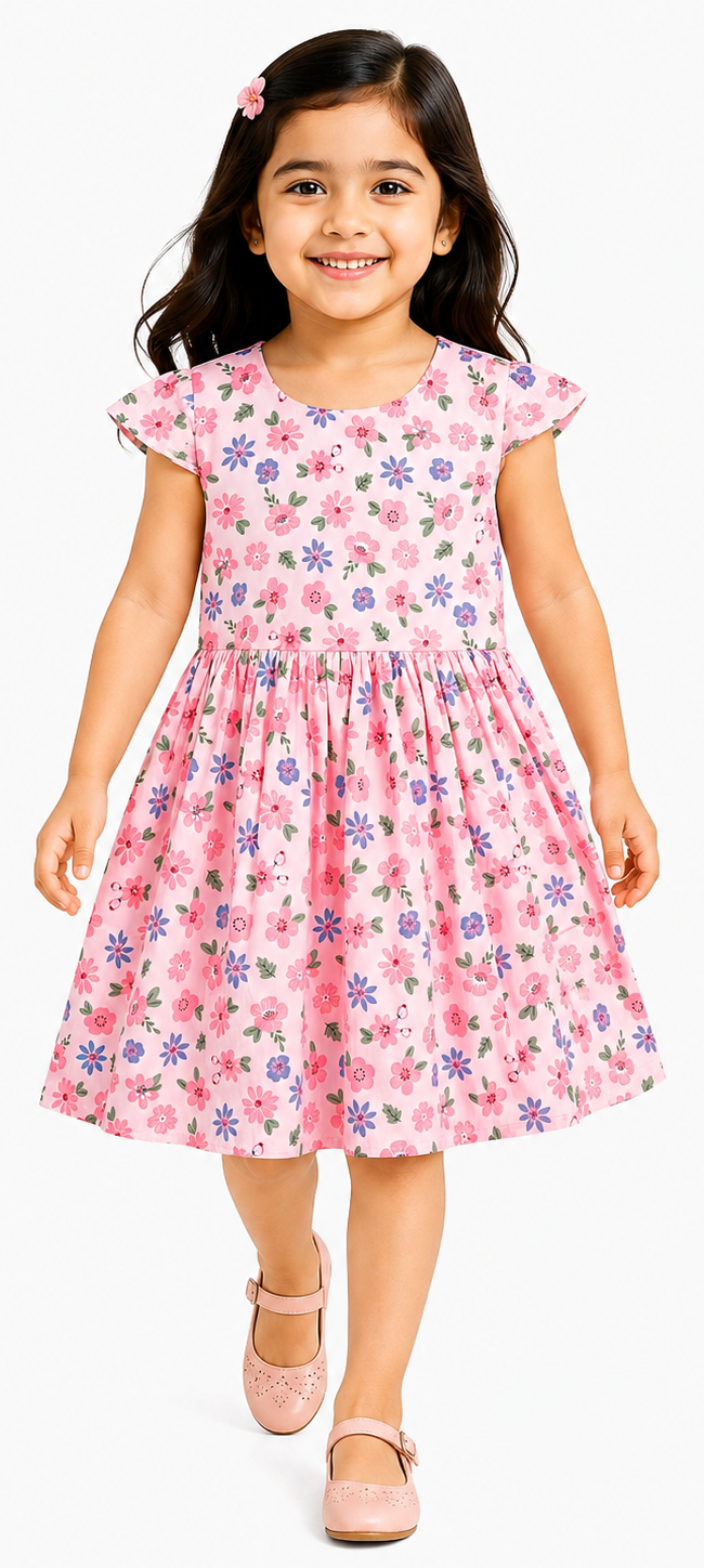 AMIONE Cotton Elegant Fancy Round Blue Flowers on Pink Printed Design Summer Party Dress Frock for Baby Girls