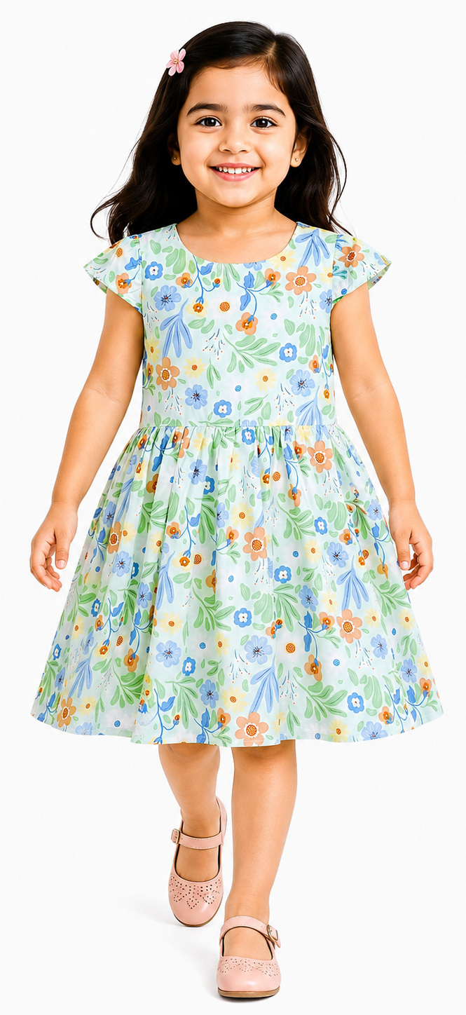 AMIONE Cotton Elegant Fancy Blue Flowers on Green Printed Design Summer Party Dress Frock for Baby Girls
