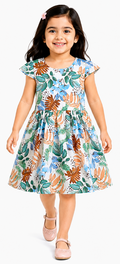 AMIONE Cotton Elegant Fancy Leaf Flowers Printed Design Summer Party Dress Frock for Baby Girls
