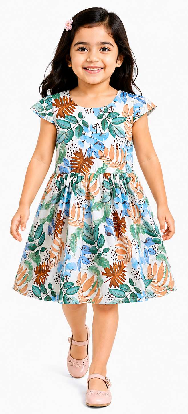 AMIONE Cotton Elegant Fancy Leaf Flowers Printed Design Summer Party Dress Frock for Baby Girls