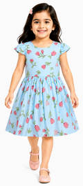 AMIONE Cotton Elegant Fancy Tulip Flowers on Blue Printed Design Summer Party Dress Frock for Baby Girls