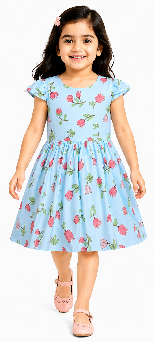 AMIONE Cotton Elegant Fancy Tulip Flowers on Blue Printed Design Summer Party Dress Frock for Baby Girls