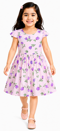 AMIONE Cotton Elegant Fancy Tulip Flowers on Purple Printed Design Summer Party Dress Frock for Baby Girls