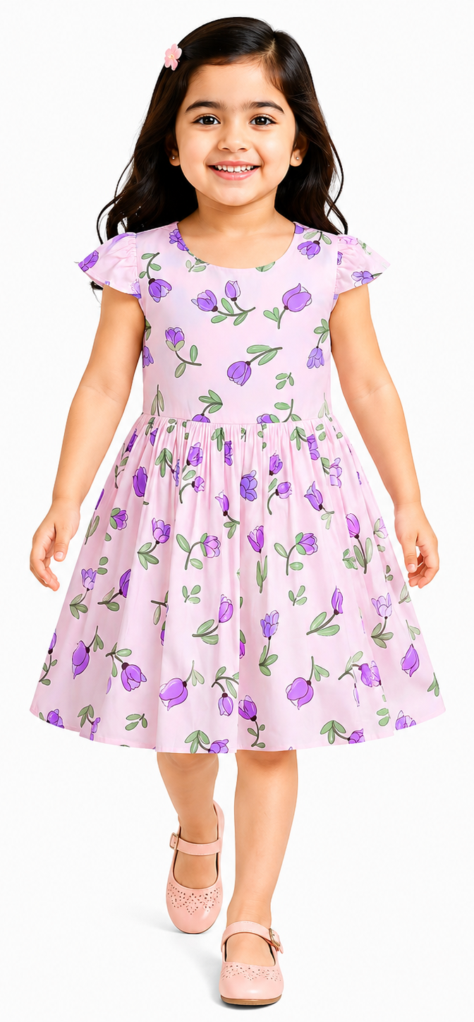 AMIONE Cotton Elegant Fancy Tulip Flowers on Purple Printed Design Summer Party Dress Frock for Baby Girls
