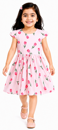 AMIONE Cotton Elegant Fancy Tulip Flowers on Pastel Pink Printed Design Summer Party Dress Frock for Baby Girls