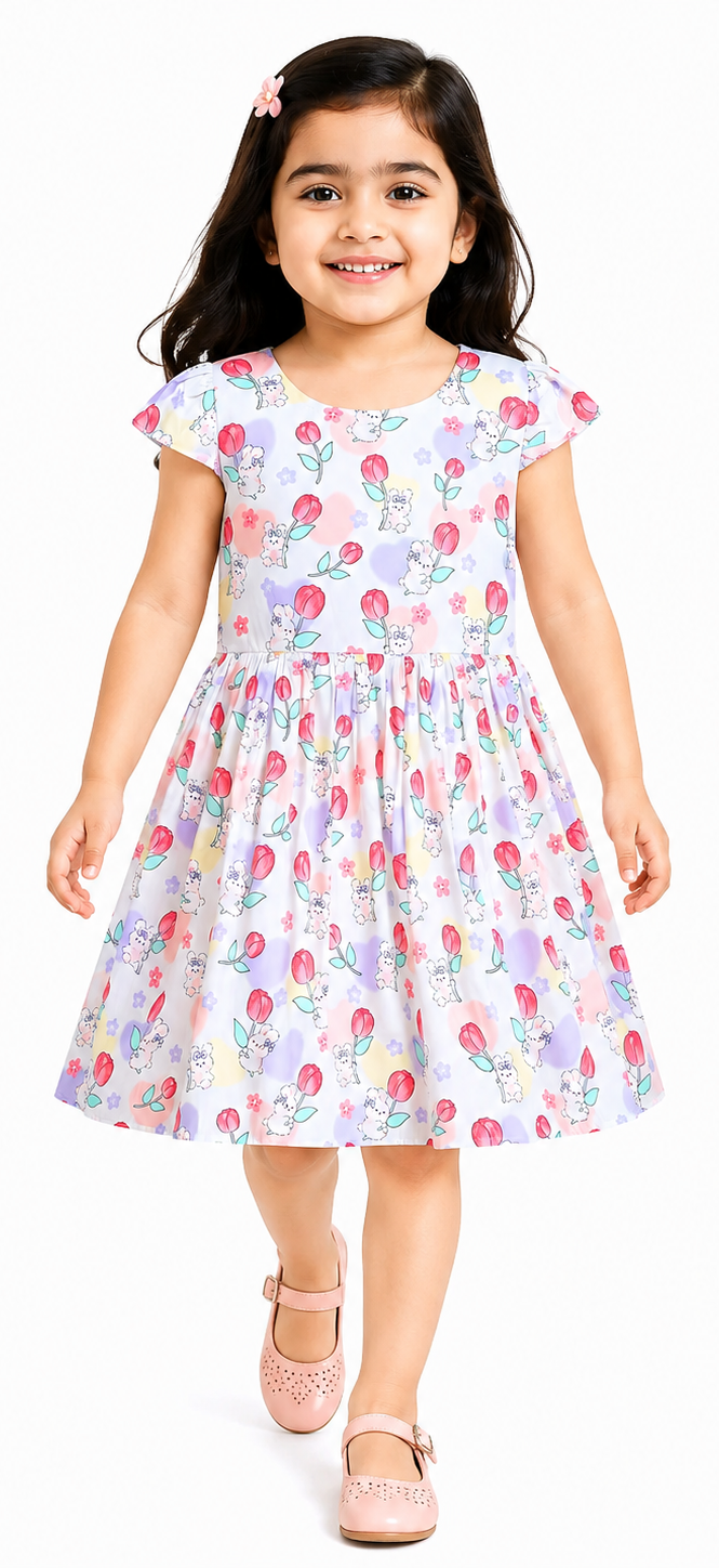 AMIONE Cotton Elegant Fancy Tulip Flowers Bunny Printed Design Summer Party Dress Frock for Baby Girls