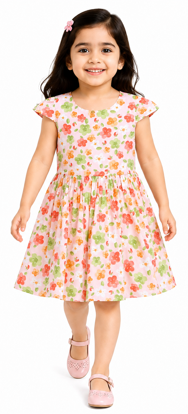 AMIONE Cotton Elegant Fancy Orange Green Flowers Printed Design Summer Party Dress Frock for Baby Girls