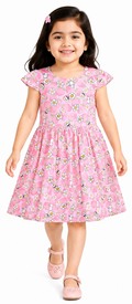 AMIONE Cotton Elegant Fancy Small Flowers Bunny Printed Design Summer Party Dress Frock for Baby Girls