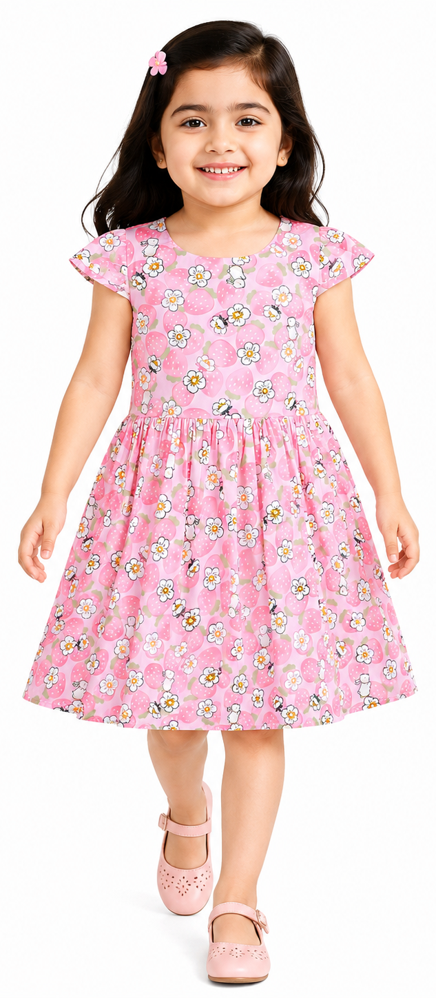 AMIONE Cotton Elegant Fancy Small Flowers Bunny Printed Design Summer Party Dress Frock for Baby Girls