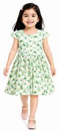 AMIONE Cotton Elegant Fancy White Stem Flowers on Green Printed Design Summer Party Dress Frock for Baby Girls