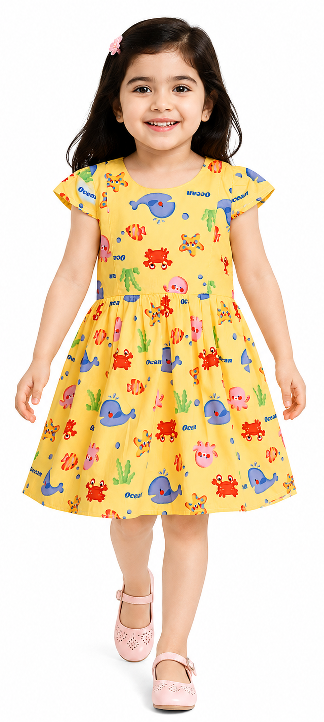 AMIONE Cotton Elegant Fancy Sea Animals Printed Design Summer Party Dress Frock for Baby Girls
