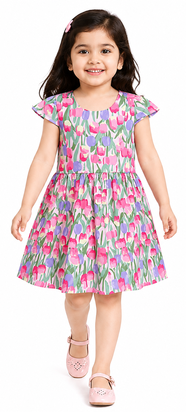 AMIONE Cotton Elegant Fancy Big Tulip Flowers Printed Design Summer Party Dress Frock for Baby Girls