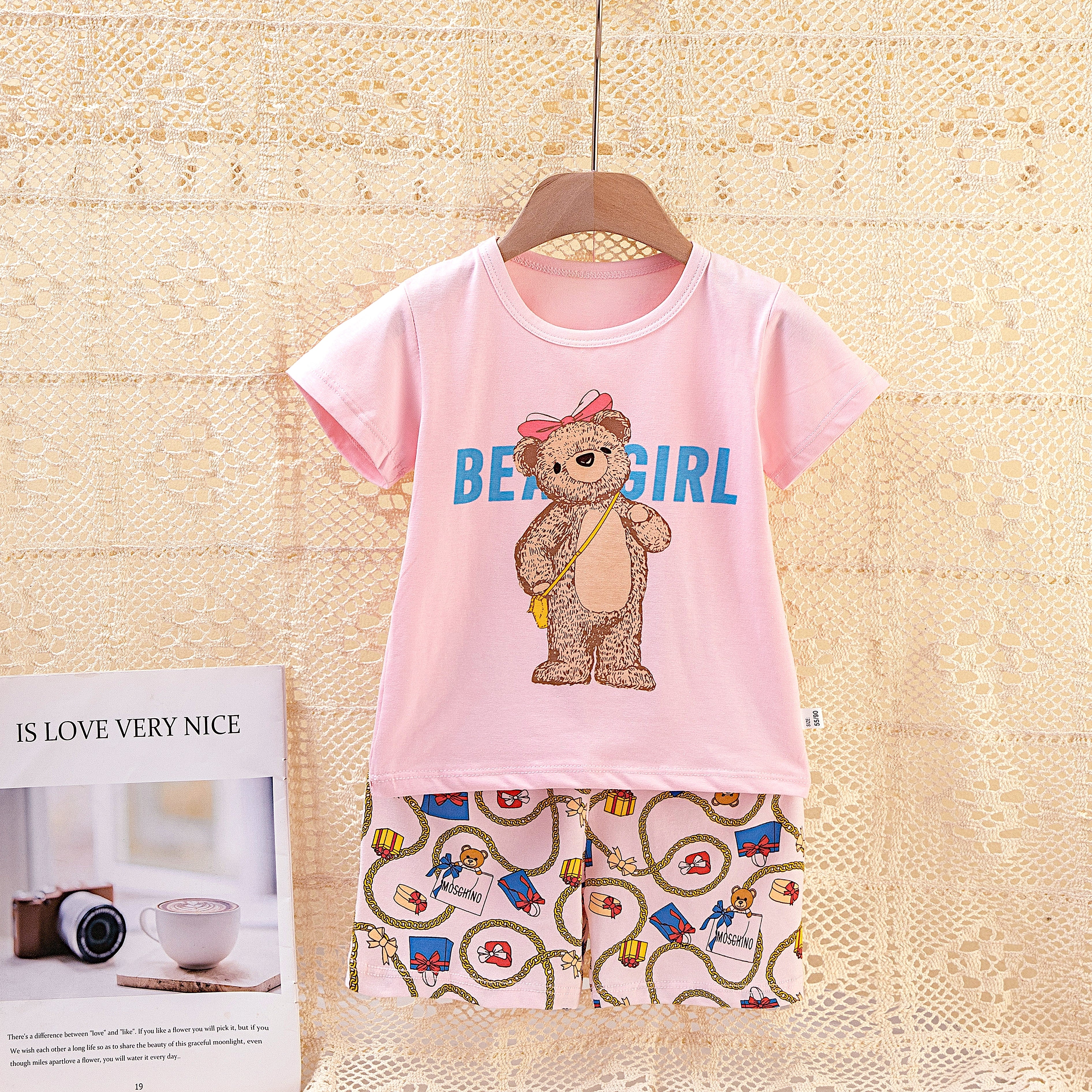 AMIONE Casual 100% Cotton Summer Regular Fit Begirl Bear tshirt Top and Shorts Kids Clothing Set Dress Nightsuit for Baby Girls