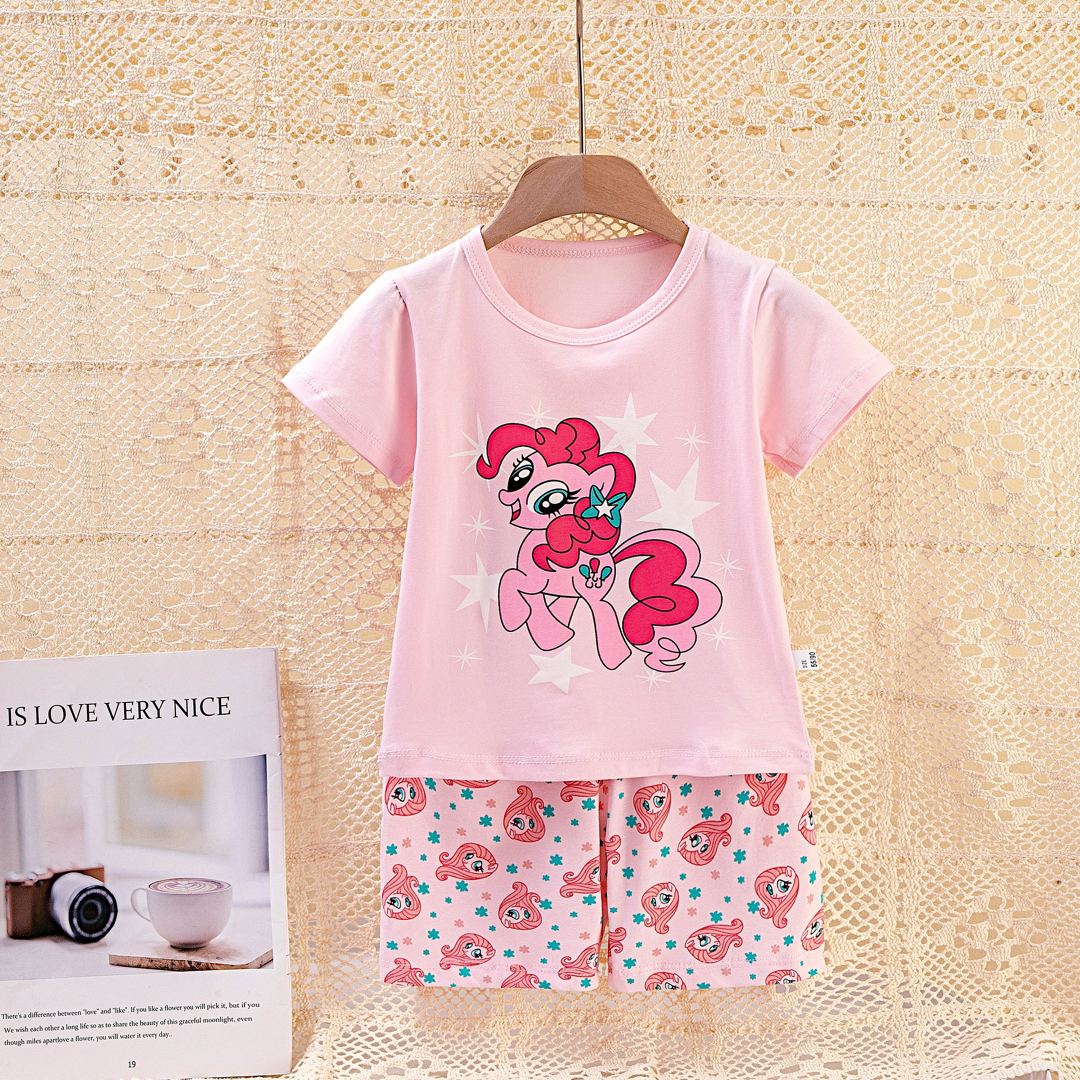 AMIONE Casual Cotton Summer Regular Fit Pink Pony tshirt Top and Shorts Kids Clothing Set Dress Nightsuit for Baby Girls