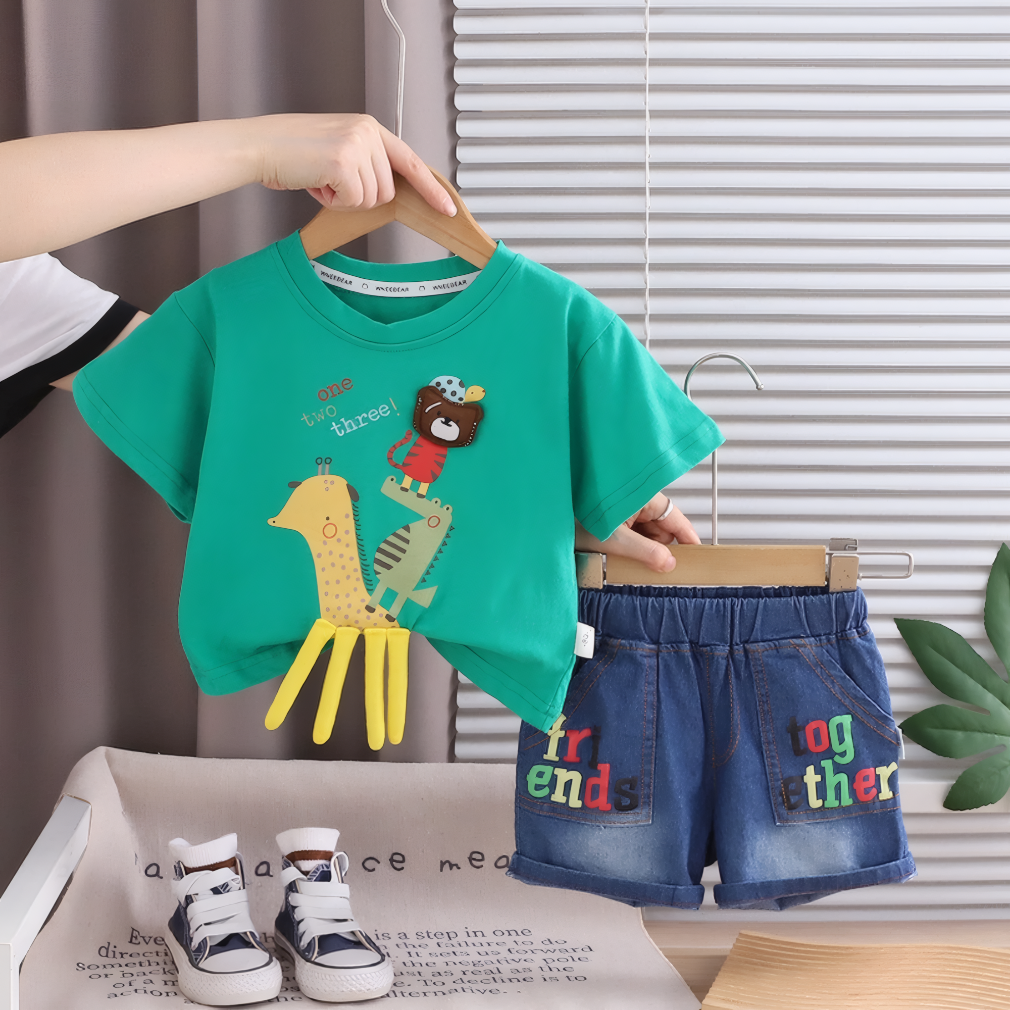AMIONE Cotton Cartoon Animal Green Giraffe Legs Short Sleeve Tshirt and Shorts Clothing Coord Set for Baby Boys & Girls