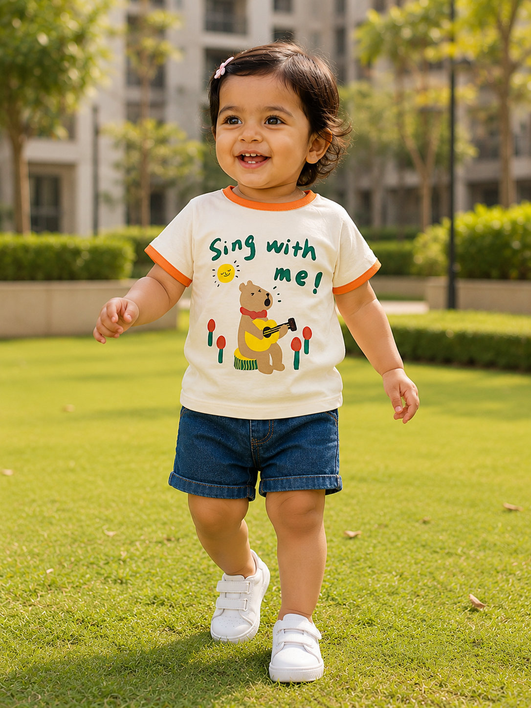 AMIONE Baby Girls Toddler Tshirt – Pure Cotton Round Neck Singing Bear Summer Soft Breathable & Comfortable Casual Wear Top