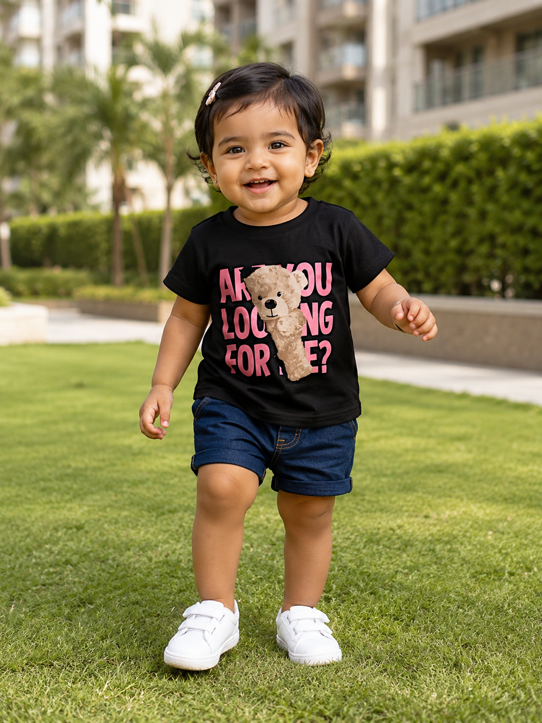 AMIONE Baby Girls Toddler Tshirt – Pure Cotton Round Neck Peeking Bear BlackSummer Soft Breathable & Comfortable Casual Wear Top