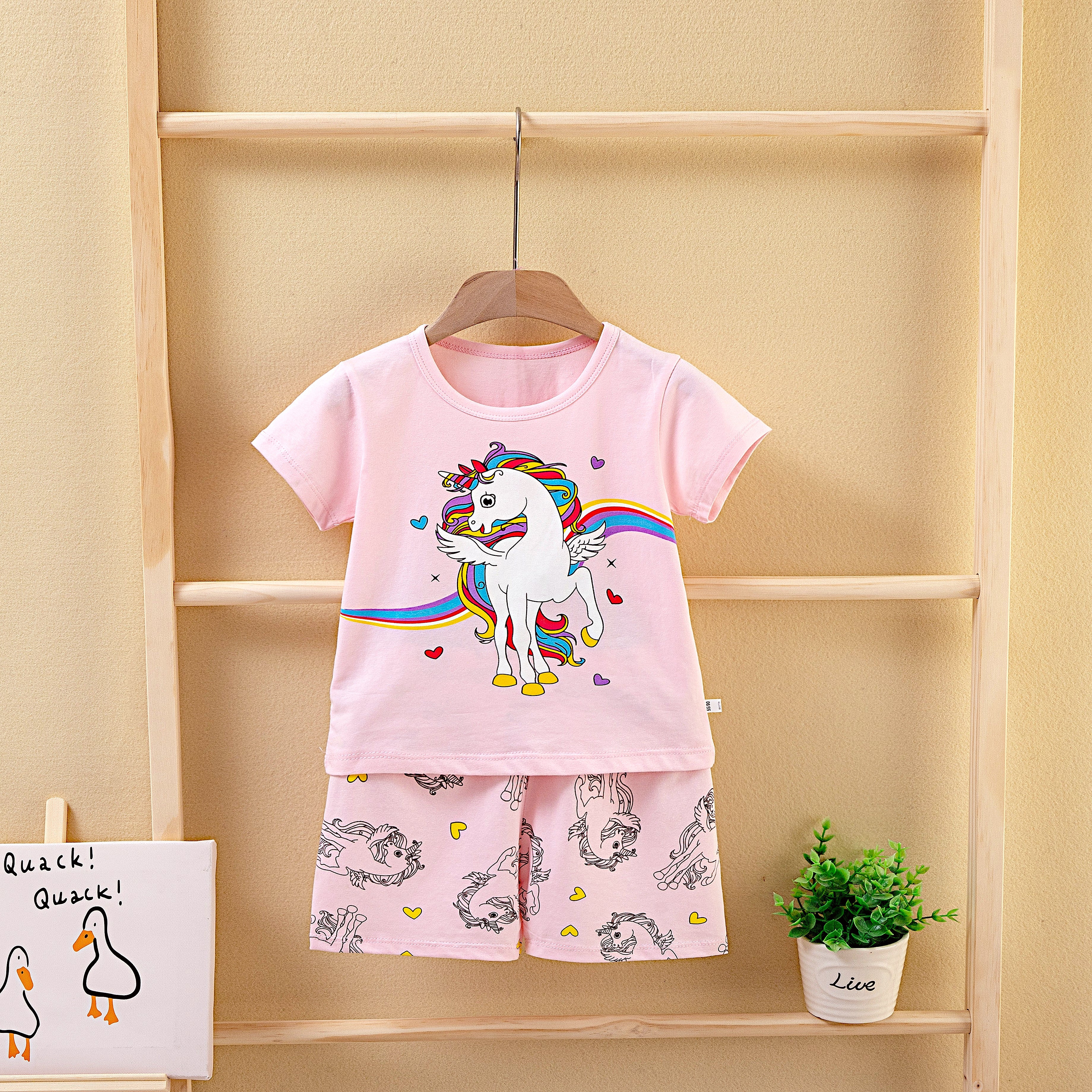 AMIONE Casual Cotton Summer Regular Fit Angel Horse tshirt Top and Shorts Kids Clothing Set Dress Nightsuit for Baby Girls