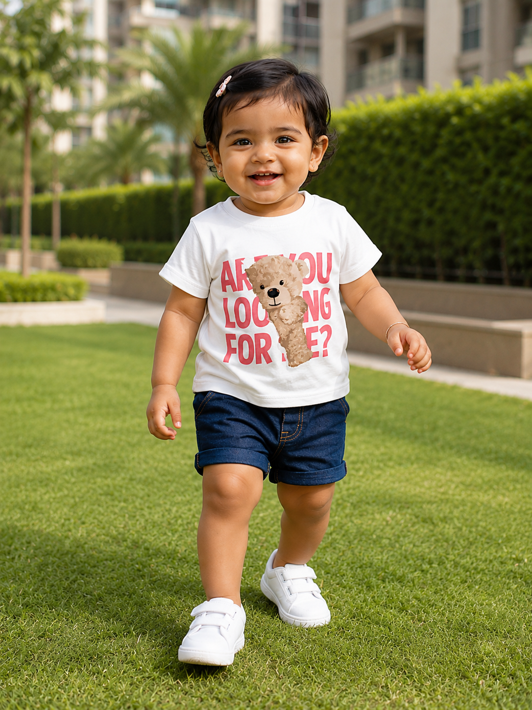 AMIONE Baby Girls Toddler Tshirt – Pure Cotton Round Neck Peeking Bear WhiteSummer Soft Breathable & Comfortable Casual Wear Top