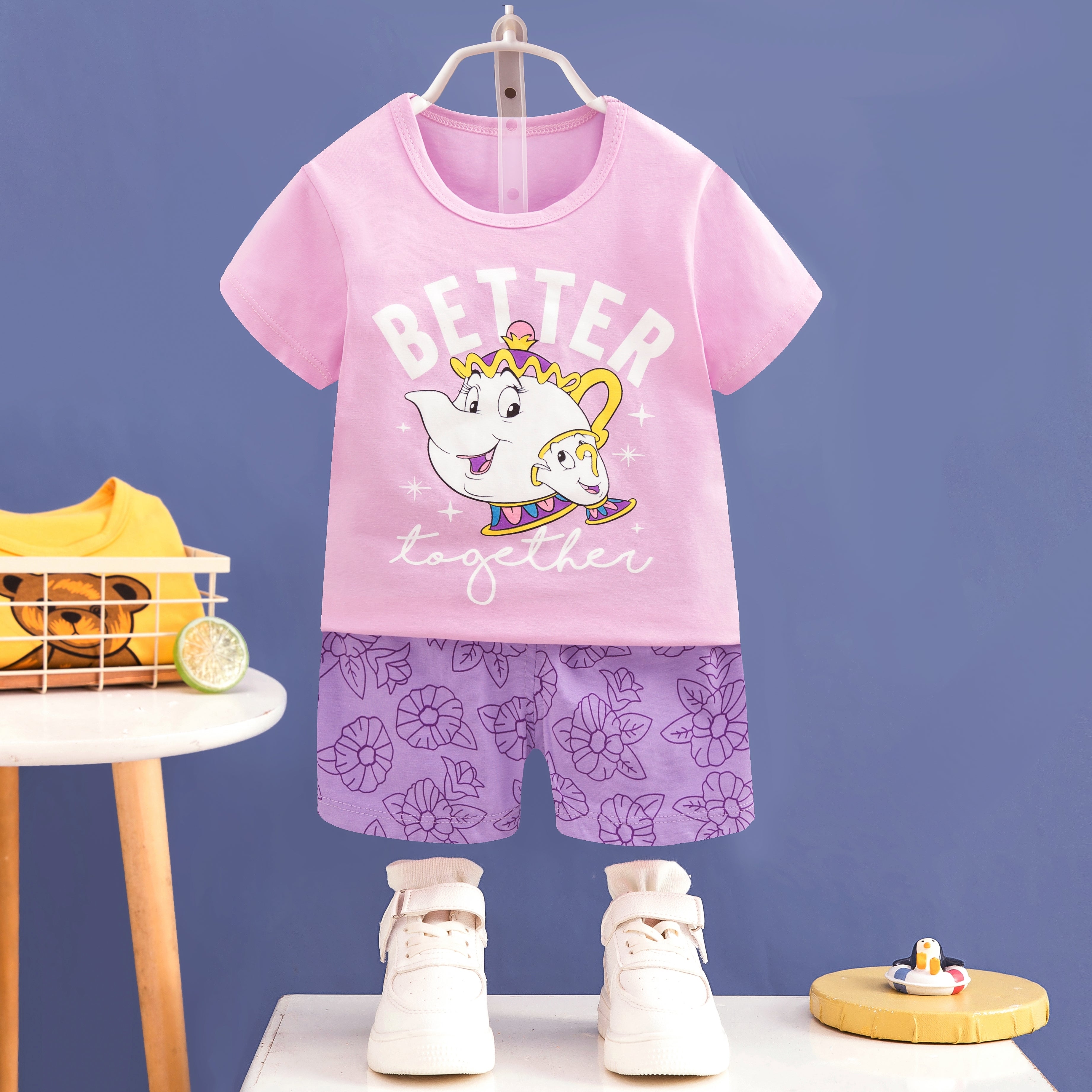 AMIONE Casual Cotton Summer Regular Fit Teapot Cup tshirt Top and Shorts Kids Clothing Set Dress Nightsuit for Baby Girls
