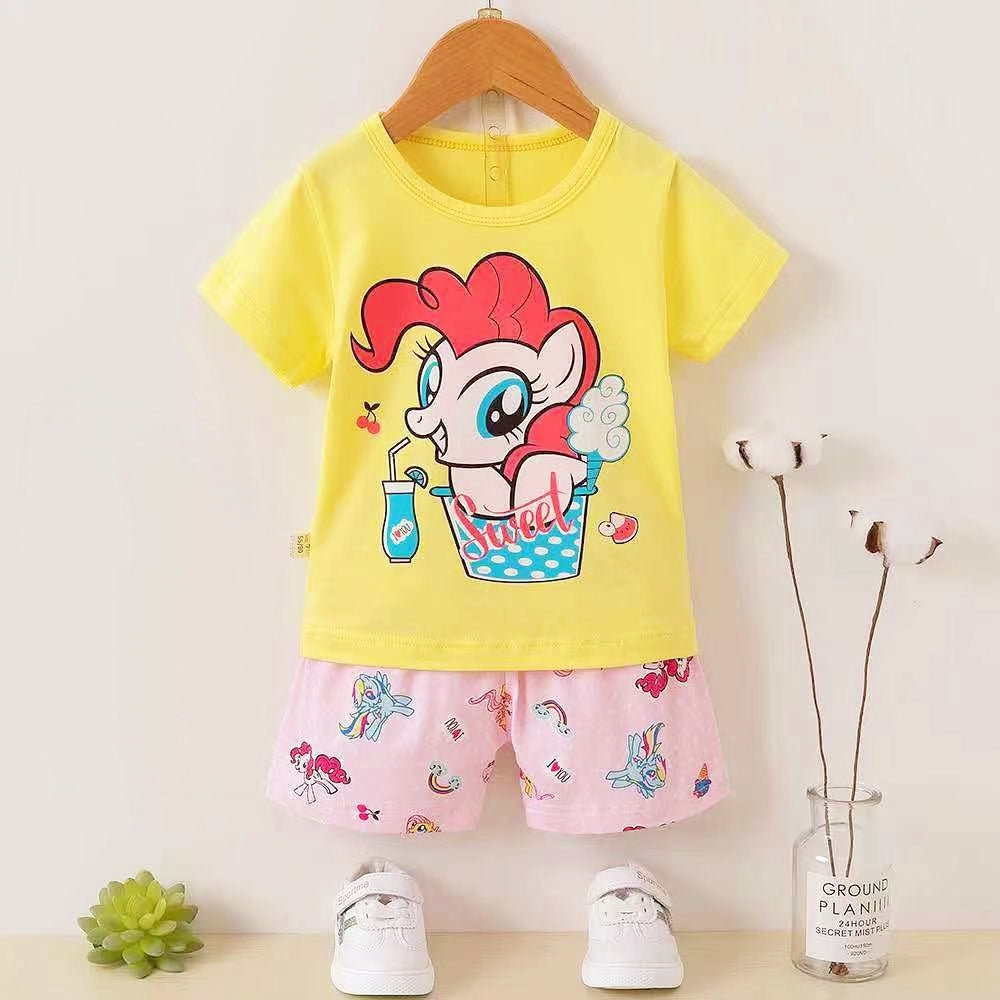 AMIONE Casual Cotton Summer Regular Fit Yellow Pony tshirt Top and Shorts Kids Clothing Set Dress Nightsuit for Baby Girls