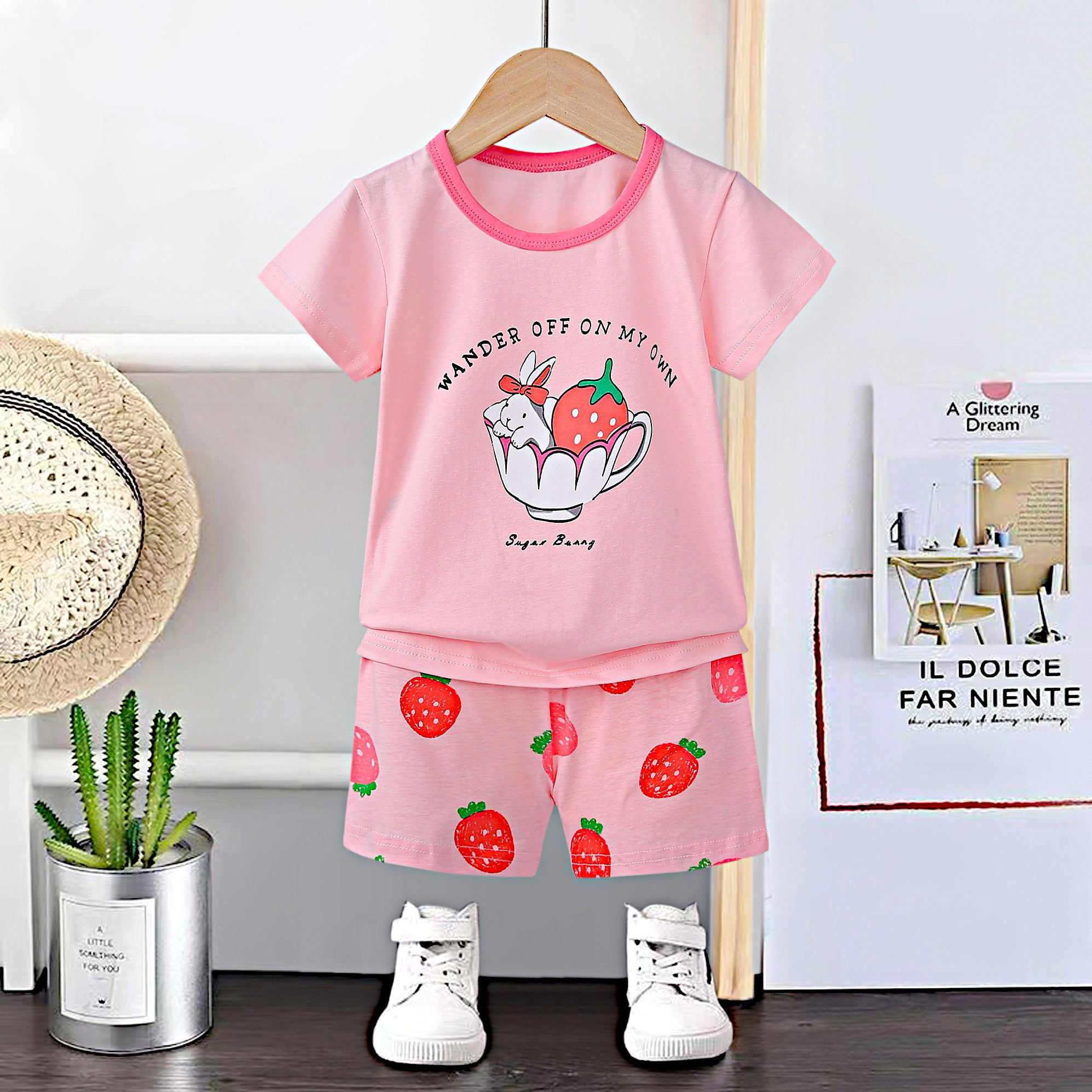 AMIONE Casual Cotton Summer Regular Fit Strawberry tshirt Top and Shorts Kids Clothing Set Dress Nightsuit for Baby Girls