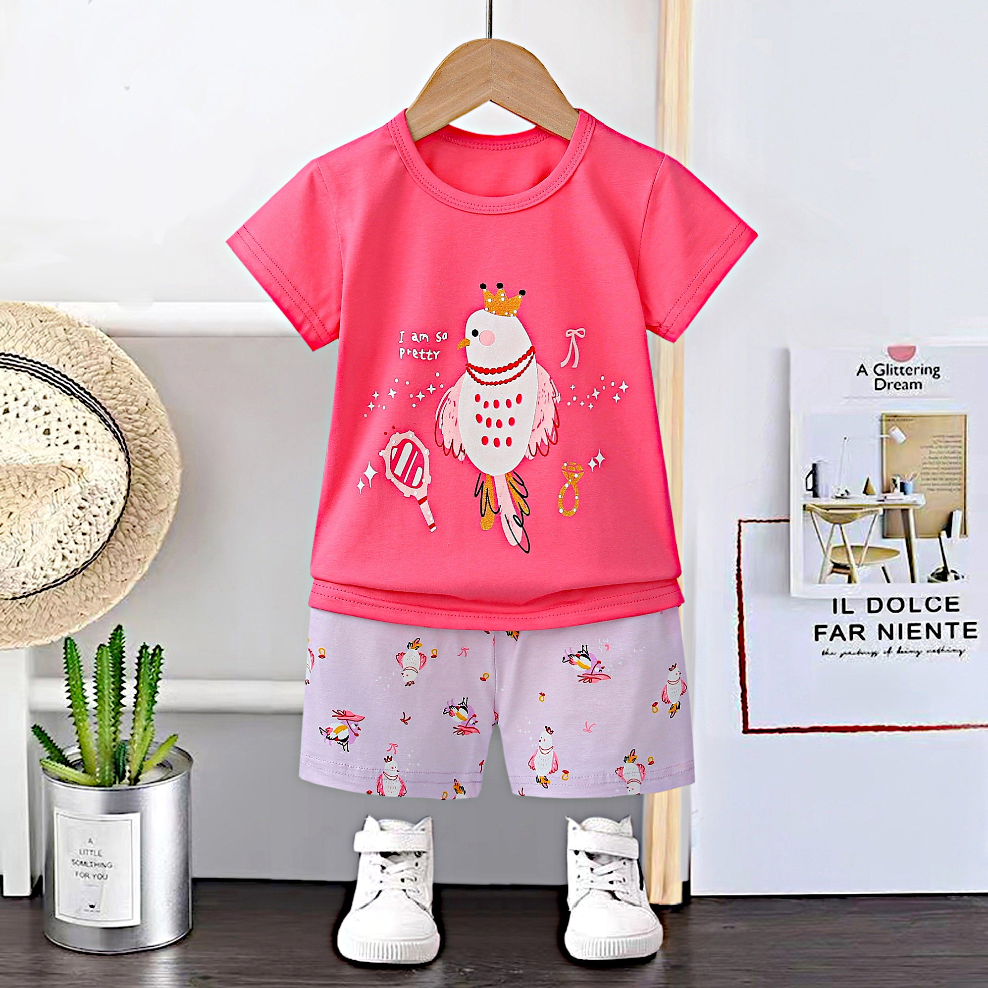 AMIONE Casual 100% Cotton Summer Regular Fit Pigeon tshirt Top and Shorts Kids Clothing Set Dress Nightsuit for Baby Girls