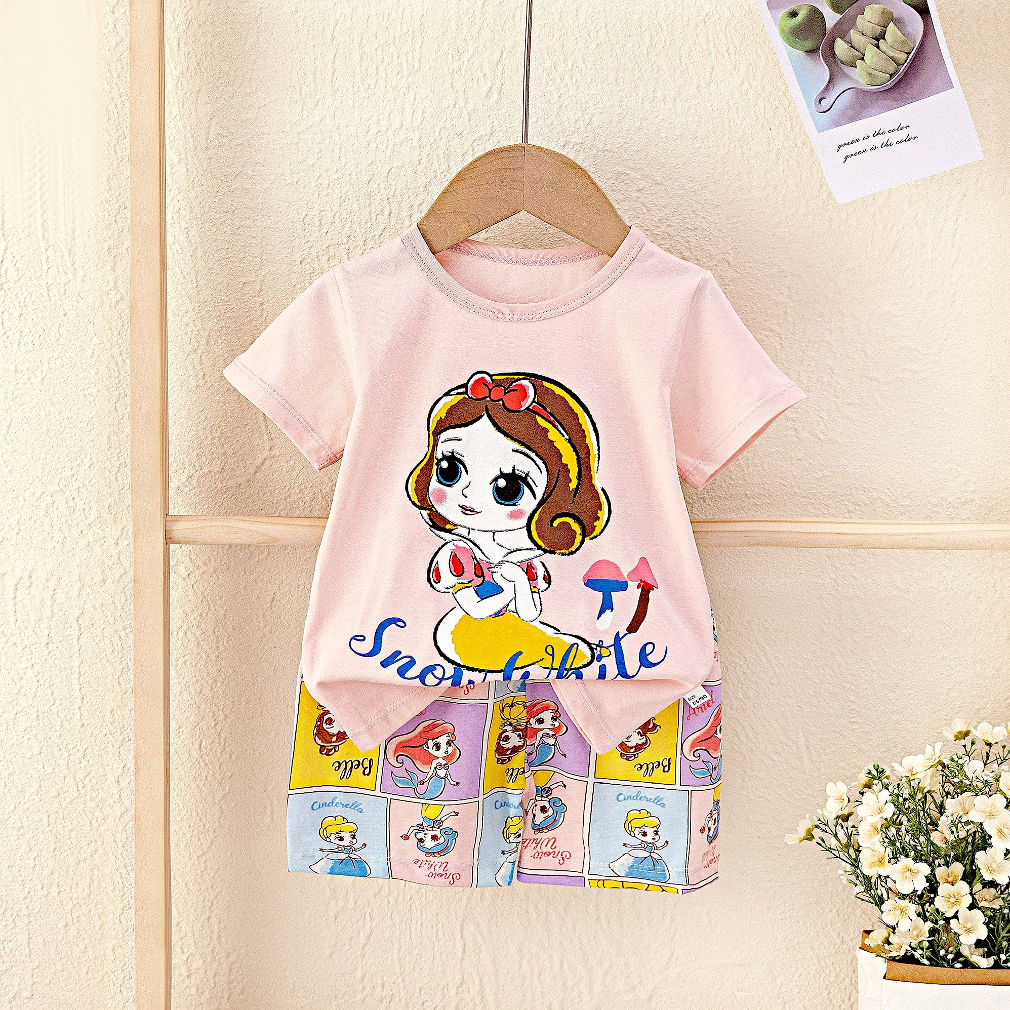 AMIONE Casual Cotton Summer Regular Fit Princess Snow White tshirt Top and Shorts Kids Clothing Set Dress Nightsuit for Baby Girls