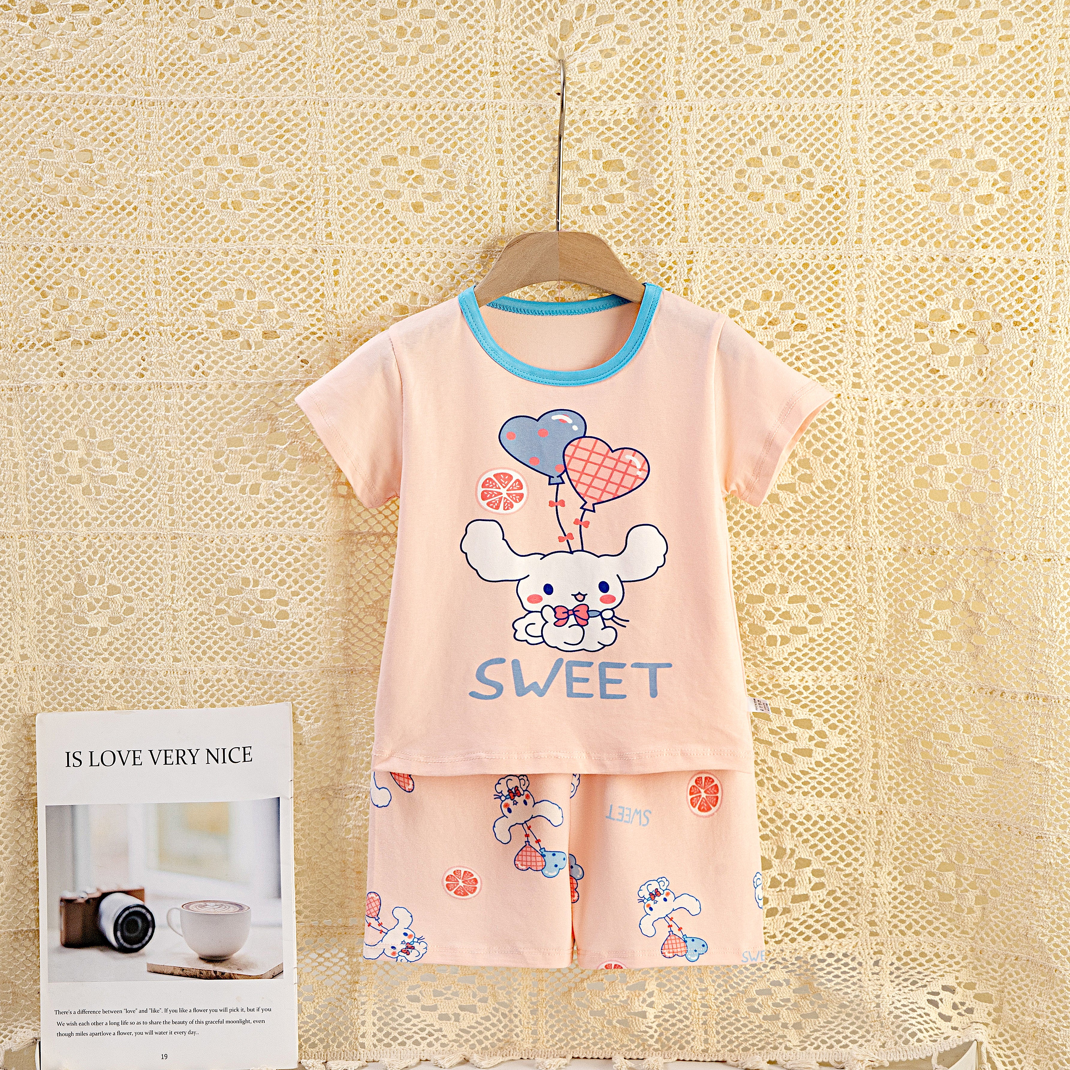 AMIONE Casual Cotton Summer Regular Fit Heart Rabbit tshirt Top and Shorts Kids Clothing Set Dress Nightsuit for Baby Girls