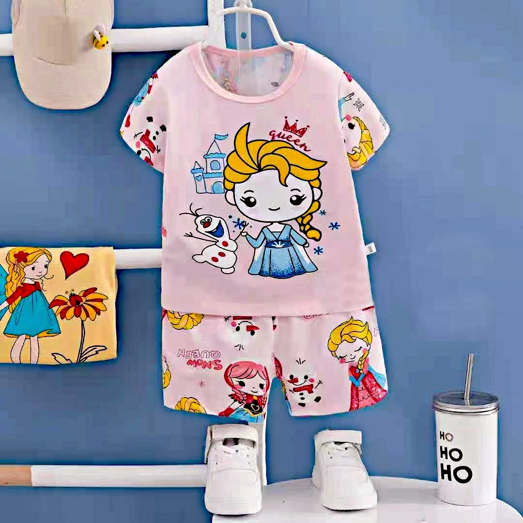 AMIONE Casual Cotton Summer Regular Fit Elsa Frozen tshirt Top and Shorts Kids Clothing Set Dress Nightsuit for Baby Girls
