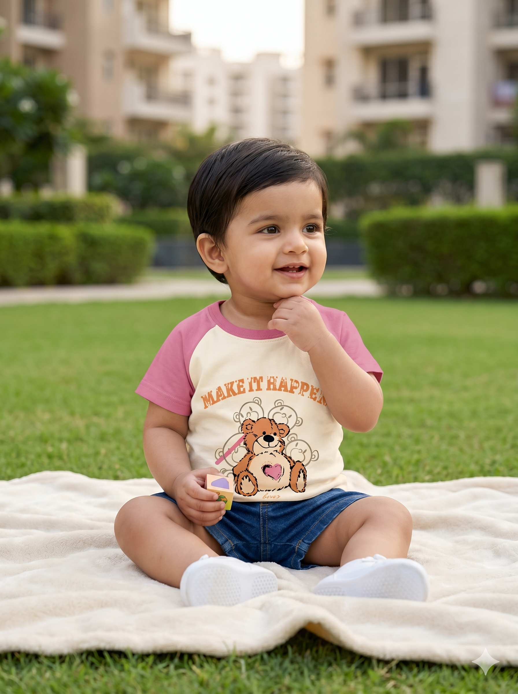 AMIONE Baby Girls Toddler Tshirt – Pure Cotton Round Neck Make It Happen Bear Summer Soft Breathable & Comfortable Casual Wear Top